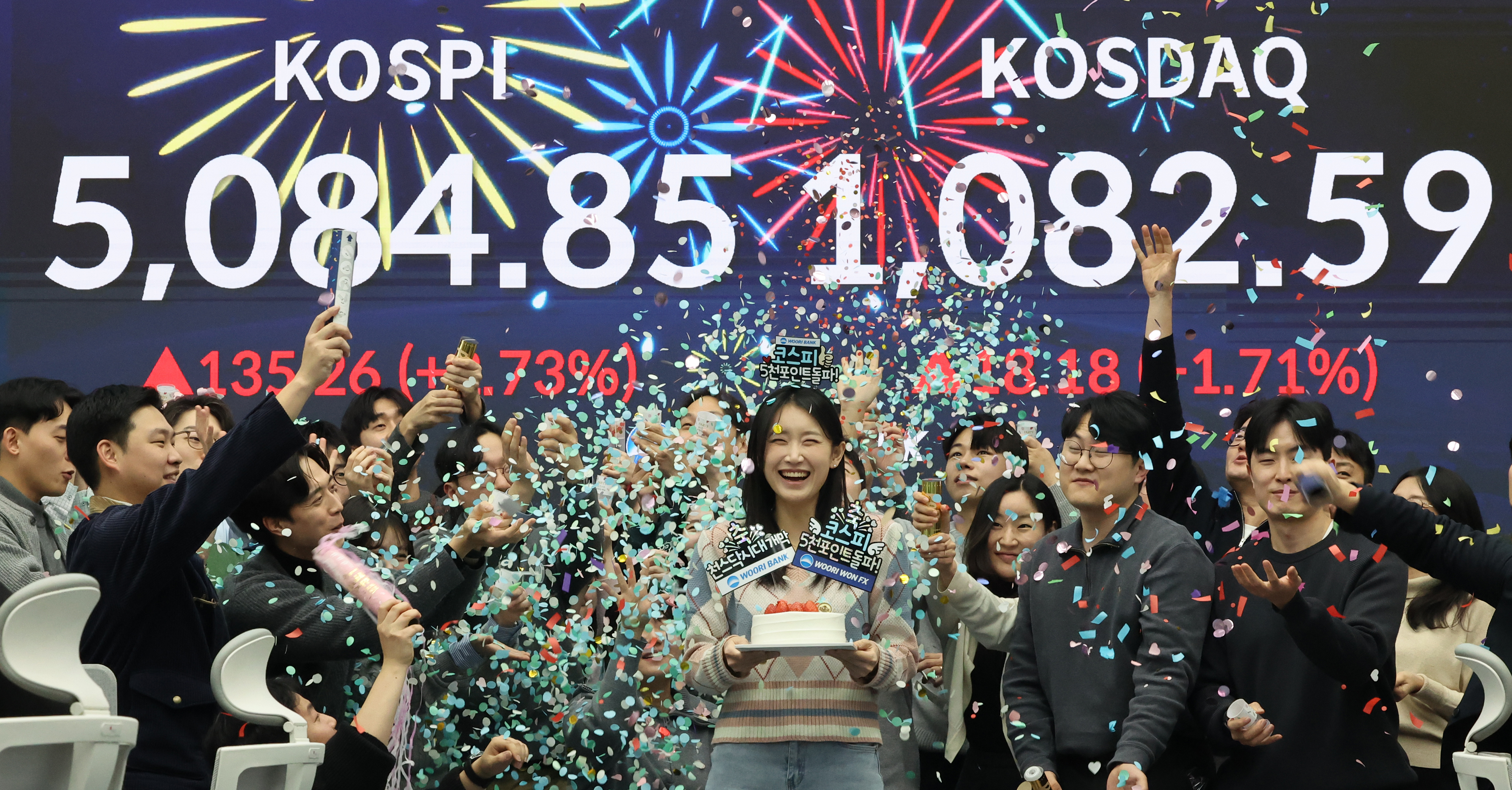 코스피와 코스닥은 '오천피·천스닥'. 27일 서울 중구 우리은행 딜링룸에서 관계자들이 세리머니를 하고 있다. 이날 코스피는 전장보다 135.26포인트(2.73%) 오른 5,084.85로 장을 마감했다. 코스닥 지수도 전장보다 18.18포인트(1.71%) 오른 1,082.59로 거래를 마쳤다.