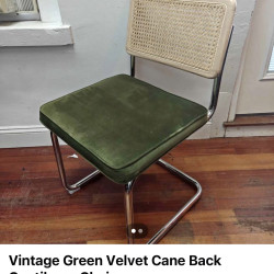 Vintage Green Velvet Cane Back Cantilever Chair